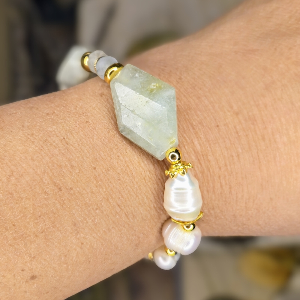 Genuine Aquamarine  Baroque Pearls In Assymetrical Free Form Artisan Bracelet